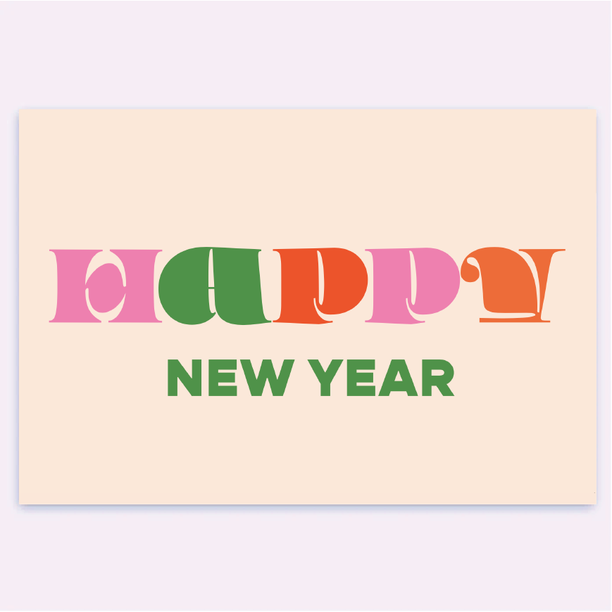 A beige greeting card featuring the word "HAPPY" in large, retro, multi-colored bubble letters across the top, with "NEW YEAR" printed underneath in a dark green sans-serif font.