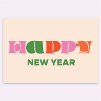 A beige greeting card featuring the word "HAPPY" in large, retro, multi-colored bubble letters across the top, with "NEW YEAR" printed underneath in a dark green sans-serif font.